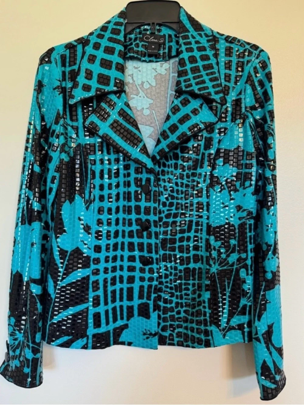 Vtg Clara S Women's Med Jacket Liquid Look Chunky Button 90s Friends Whacky GUC - Picture 1 of 10